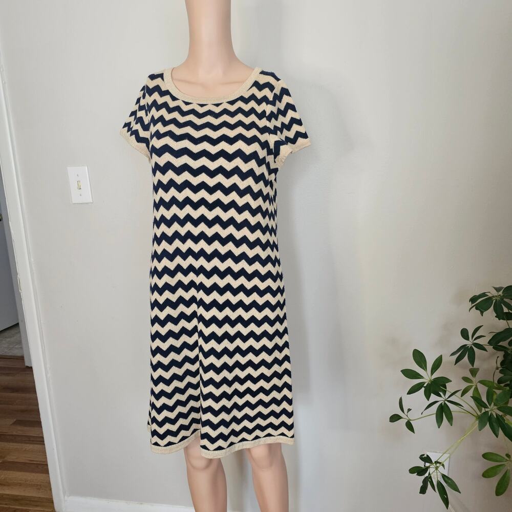 Lilly Pulitzer Chevron Knit Shift Dress Navy Cream Merino Wool Size L - Picture 2 of 9